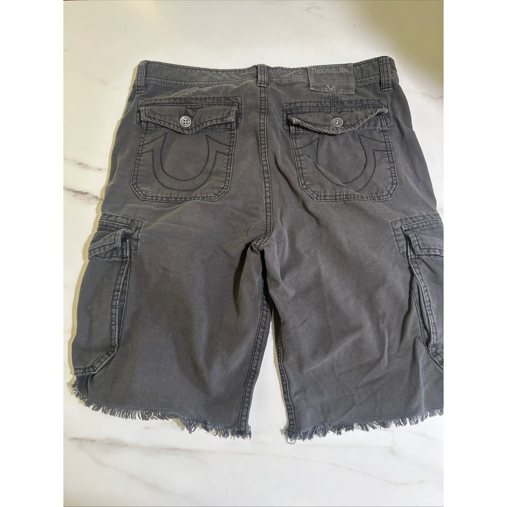 True Religion Mens Cargo Shorts 36 Gray Frayed Hem Horseshoe Pockets Cotton